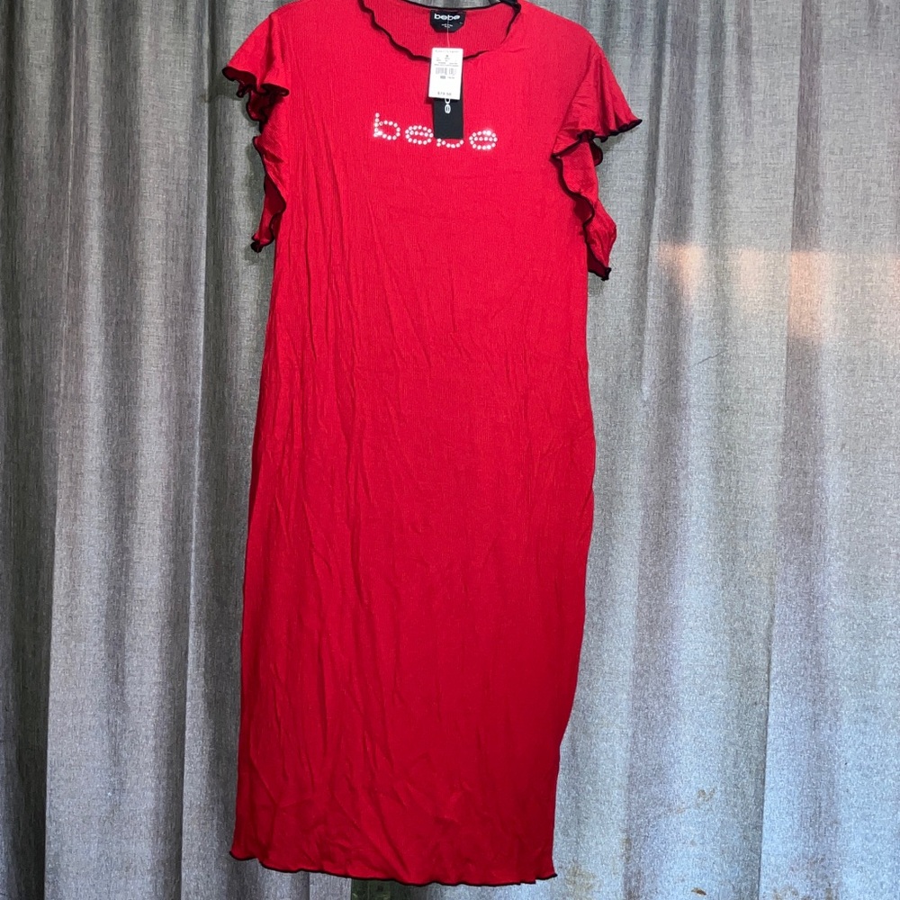Bebe Vibrant Red Midi Dress with Ruffle Sleeves
